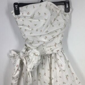 Strapless Ruched Fit & Flare Dress White Rosebud Floral Bow Sash Coquette S